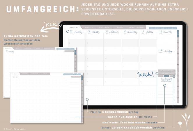 Detailansicht Wochenplanung, digitaler Lehrerkalender 2023 2024 mit extra Notizseiten für jeden Tag und jede Woche